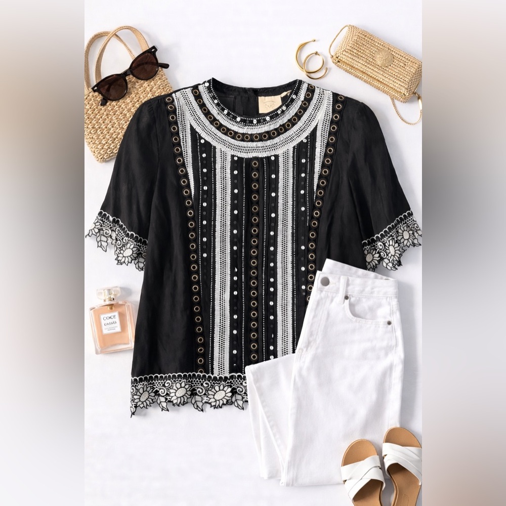 Boho Embroidered Black Blouse | Lace Trim & Stud Detail Top
